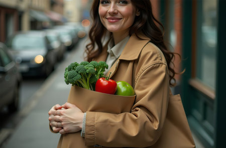 AI Generative Girl carrying purchases in a paper bag, vegetables and fruits from the marketの素材