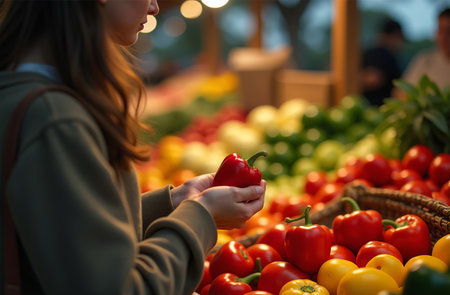 AI Generative Woman buying pepper at the market, close-up of hands, vegetable display emporiumの素材