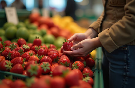 AI Generative Woman buying strawberry at the market, close-up of hands, berries display emporiumの素材