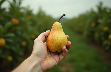 AI Generative pear on fruit garden, farm, seedlings, plants, sweet fruitsの素材
