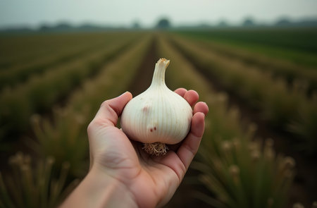 AI Generative garlic on vegetable garden, farm, seedlings, plants, vegetablesの素材