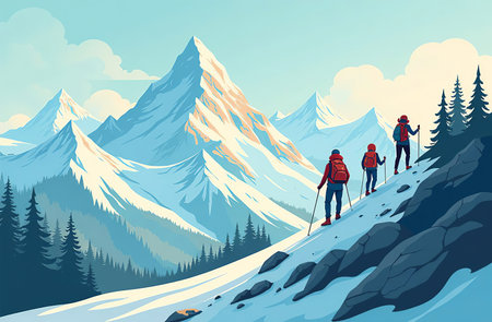 AI Generative group of tourists with backpacks climb the mountains. Active holidays in natureの素材