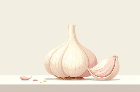AI Generative Garlic on the table, close-up of fresh vegetable, bright kitchenの素材