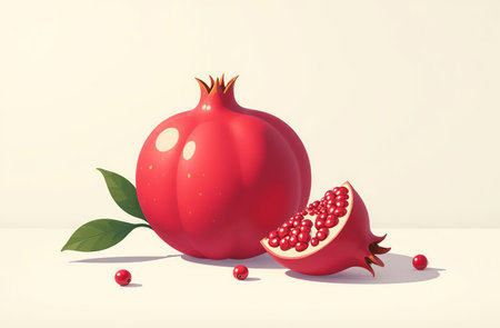 AI Generative Pomegranate on the table, close-up of fresh fruits, bright kitchenの素材