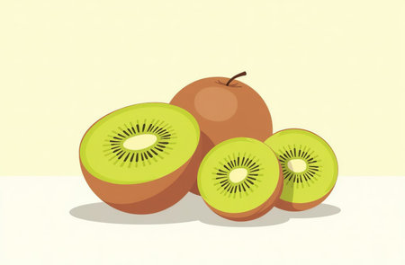 AI Generative Kiwi on the table, close-up of fresh fruits, bright kitchenの素材