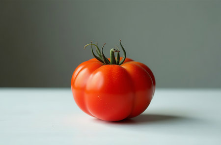 AI Generative Tomato on the table, close-up of fresh vegetable, bright kitchenの素材