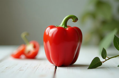 AI Generative Pepper on the table, close-up of fresh vegetable, bright kitchenの素材