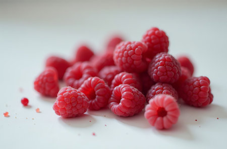 AI Generative Raspberry on the table, close-up of fresh berries, bright kitchenの素材