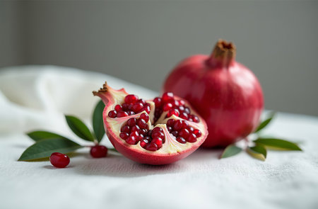 AI Generative Pomegranate on the table, close-up of fresh fruits, bright kitchenの素材
