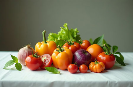 AI Generative Still life on the table, close-up of fresh vegetable, bright kitchenの素材