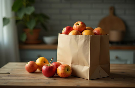 AI Generative Paper bag with purchases on the table, close-up of fresh fruits, bright kitchenの素材