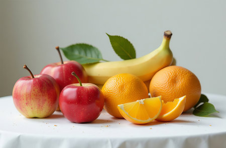 AI Generative Still life on the table, close-up of fresh fruits, bright kitchenの素材