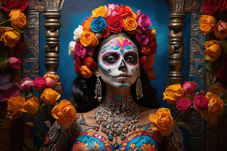 AI Generative Young woman in Day of the Dead costume and makeup Dia de los Muertosの素材