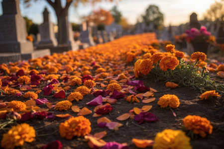AI Generative Dia de los Muertos orange flowers marigolds and burning candles altar in cemetery on day of the deadの素材