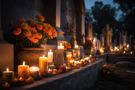 AI Generative Dia de los Muertos orange flowers marigolds and burning candles altar in cemetery on day of the deadの素材
