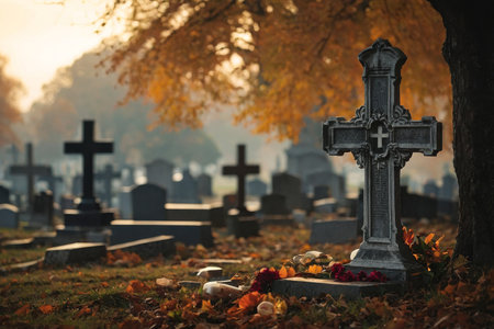 AI Generative Dia de los Muertos orange flowers marigolds and burning candles altar in cemetery on day of the deadの素材