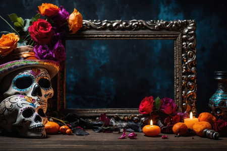 AI Generative Day of the Dead background skull candle marigold flowers with copy space Dia de los Muertosの素材