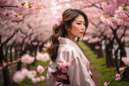 AI Generative Young woman in traditional Japanese kimono in cherry blossom garden in spring, postcard for Japanese Culture Dayの素材