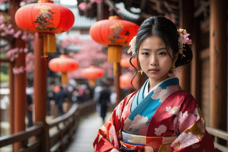 AI Generative Woman in traditional Japanese kimono on background of architecture, postcard for Japanese Culture Dayの素材