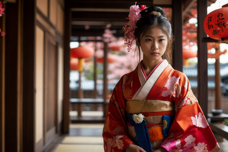 AI Generative Woman in traditional Japanese kimono on background of architecture, postcard for Japanese Culture Dayの素材