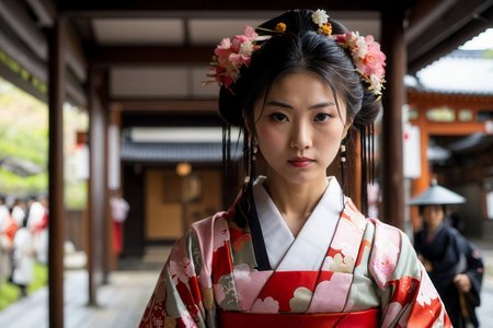 AI Generative Woman in traditional Japanese kimono on background of architecture, postcard for Japanese Culture Dayの素材