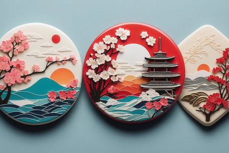 AI Generative Art card for Day Culture Japan with mountains, river, cherry blossom flowers, sun and skyの素材