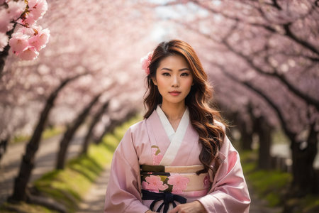 AI Generative Young woman in traditional Japanese kimono in cherry blossom garden in spring, postcard for Japanese Culture Dayの素材