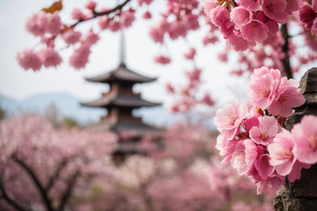 AI Generative Tourist postcard with Japan background copy space mountains, cherry blossoms, architecture and natureの素材