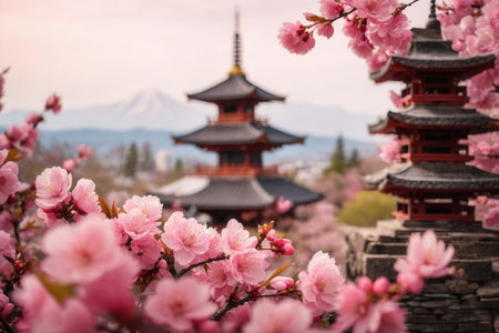 AI Generative Tourist postcard with Japan background copy space mountains, cherry blossoms, architecture and natureの素材