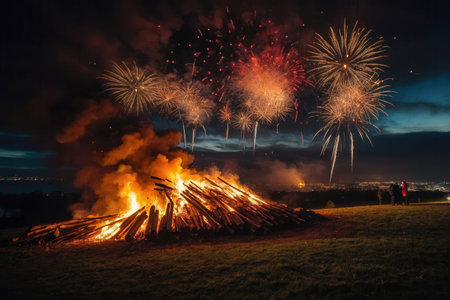 AI Generative Bonfire fire and fireworks in the British England on the holiday celebration Guy Fawkes Nightの素材