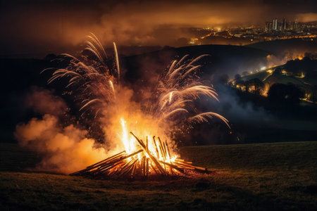 AI Generative Bonfire fire and fireworks in the British England on the holiday celebration Guy Fawkes Nightの素材