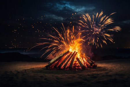 AI Generative Bonfire fire and fireworks in the British England on the holiday celebration Guy Fawkes Nightの素材