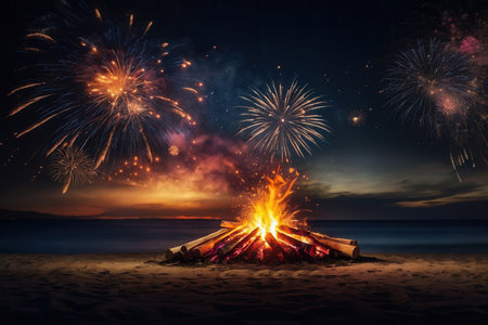 AI Generative Bonfire fire and fireworks in the British England on the holiday celebration Guy Fawkes Nightの素材