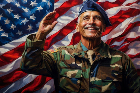 AI Generative Caucasian man in military uniform and blue beret saluting on background of the USA flag Remembrance Veterans Dayの素材
