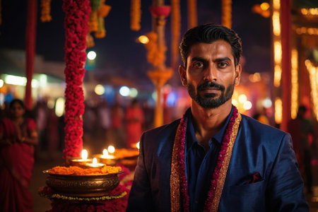 AI Generative Young Indian man portrait in traditional clothes with Diwali festival backgroundの素材