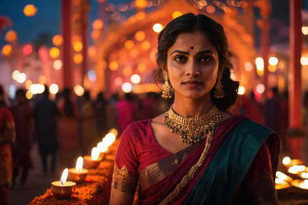 AI Generative Young Indian woman portrait in traditional clothes with Diwali festival backgroundの素材