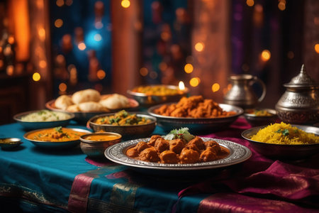 AI Generative Diwali traditional Indian food dishes on table, curries, rice, and sweets, decorative backgroundの素材