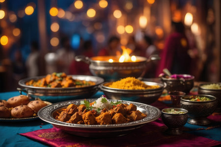 AI Generative Diwali traditional Indian food dishes on table, curries, rice, and sweets, decorative backgroundの素材