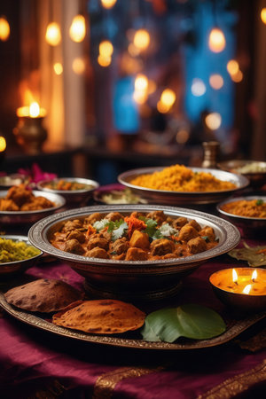 AI Generative Diwali traditional Indian food dishes on table, curries, rice, and sweets, decorative backgroundの素材