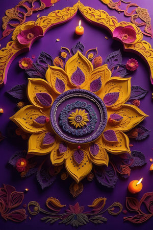 AI Generative Traditional colorful Indian purple yellow Pattern design Diwali Festival backgroundの素材