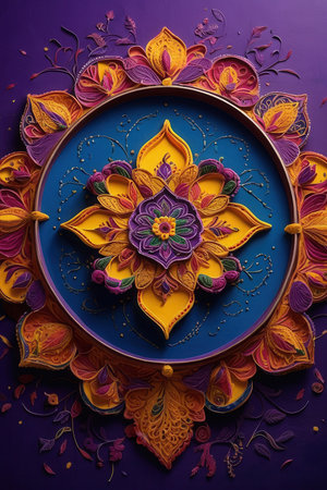 AI Generative Traditional colorful Indian purple yellow Pattern design Diwali Festival backgroundの素材
