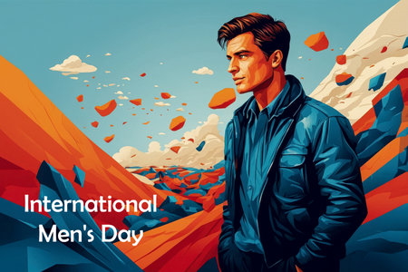 AI Generative Postcard card World International Men's Day proud handsome young guy On Blue Backgroundの素材