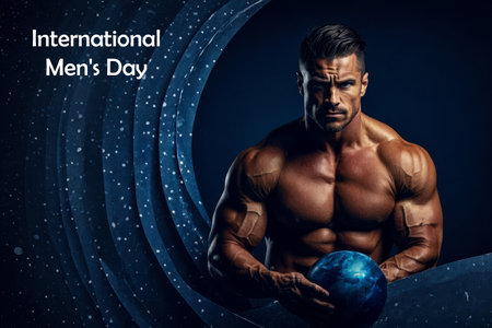 AI Generative Postcard card World International Men's Day strong man holds world globe On Blue Backgroundの素材