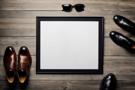 AI Generative Flat Lay on wood Background with Men's Accessories, Clothes and eyeglasses copy spaceの素材