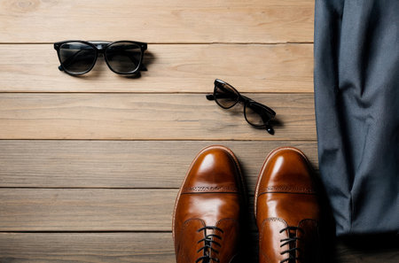 AI Generative Flat Lay on wood Background with Men's Accessories, Clothes and eyeglasses copy spaceの素材