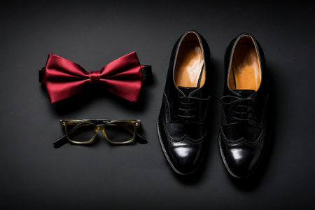 AI Generative Flat Lay on Black Background with Men's Accessories, Clothes and shoes copy spaceの素材