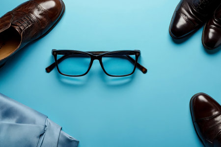 AI Generative Flat Lay on Blue Background with Men's Accessories, Clothes and eyeglasses copy spaceの素材