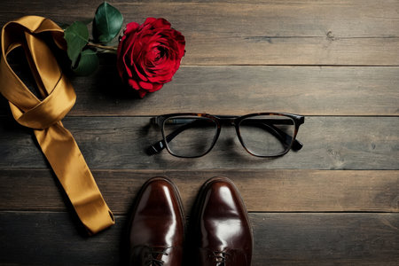 AI Generative Flat Lay on wood Background with Men's Accessories, Clothes and eyeglasses copy spaceの素材