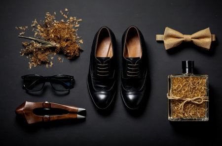 AI Generative Flat Lay on Black Background with Men's Accessories, Clothes and shoes copy spaceの素材