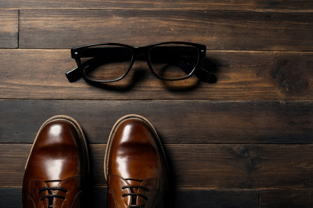 AI Generative Flat Lay on wood Background with Men's Accessories, Clothes and eyeglasses copy spaceの素材